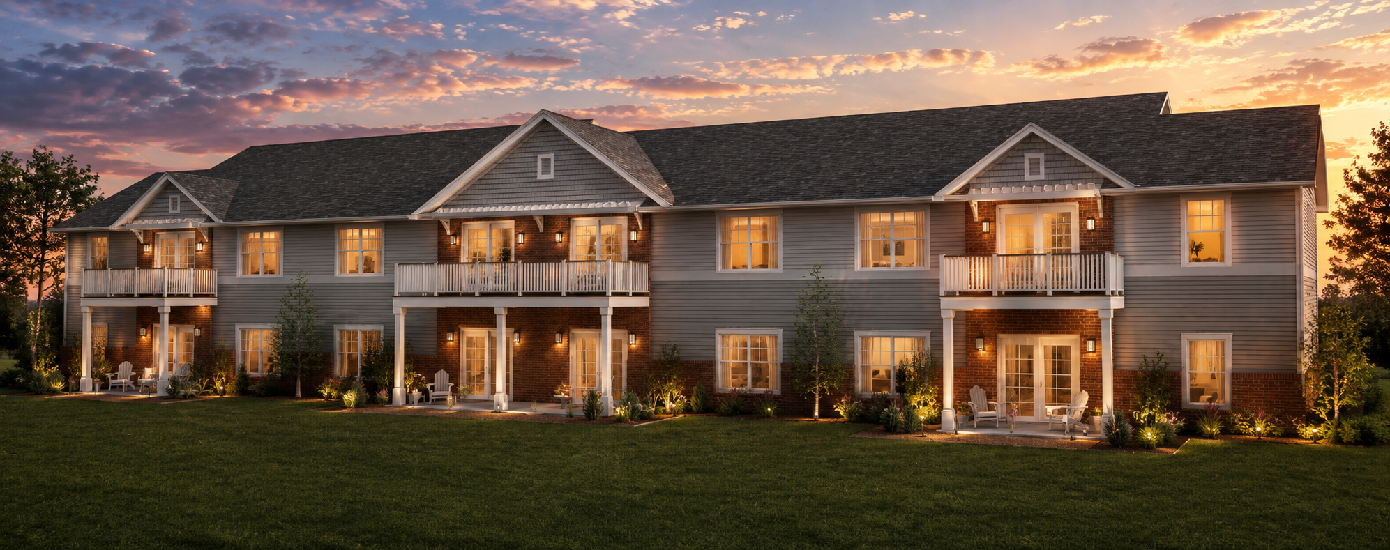 Architectural rendering — rear elevations with patios