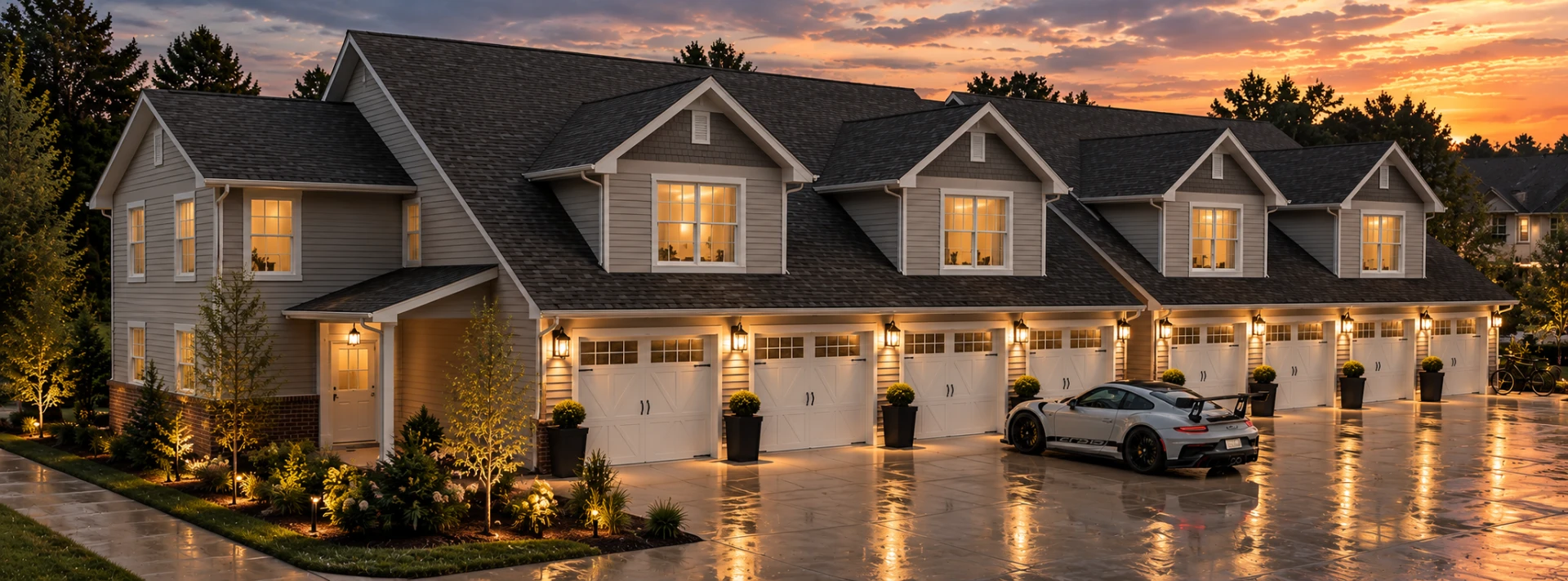 Architectural rendering — front elevation with attached garages